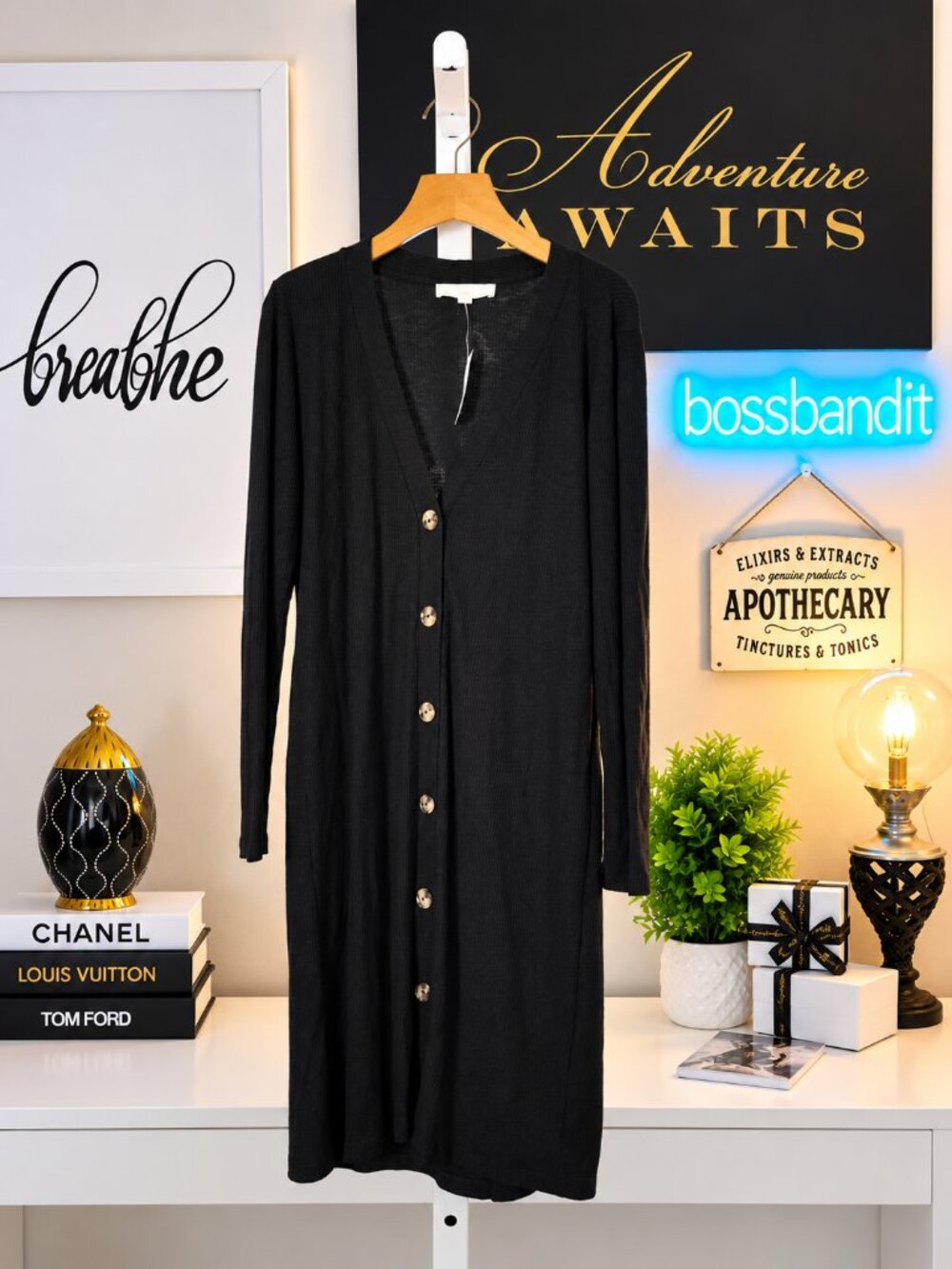 LOFT Ribbed Button Front Cardigan Duster Classic Black Size M NWT - Picture 2 of 7